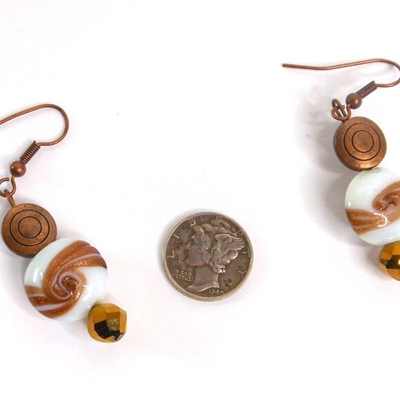 Handmade Copper Tone Glass Swirl Dangle Earrings Boho Festival Jewelry 2 1/8" - Picture 3 of 5